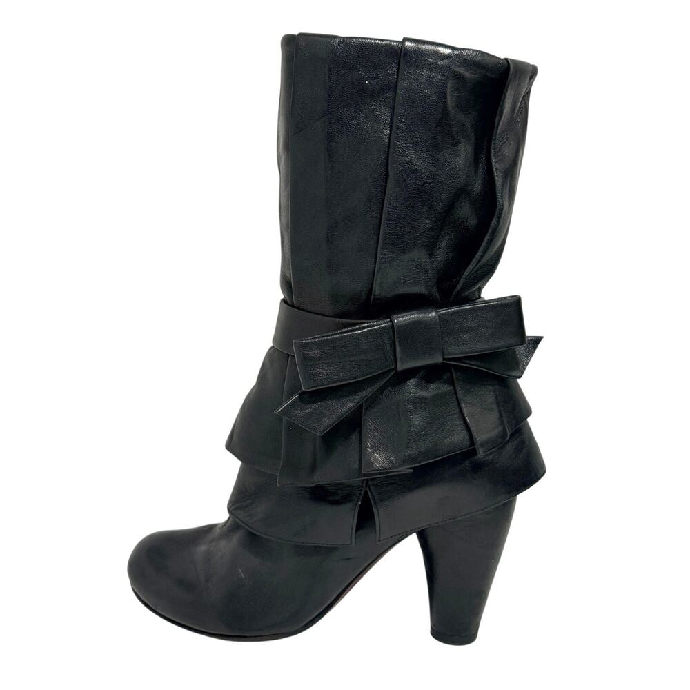 Chie Mihara Leather Ankle Boot 7 Black Bow Ruffle Vintage Steampunk Whimsical